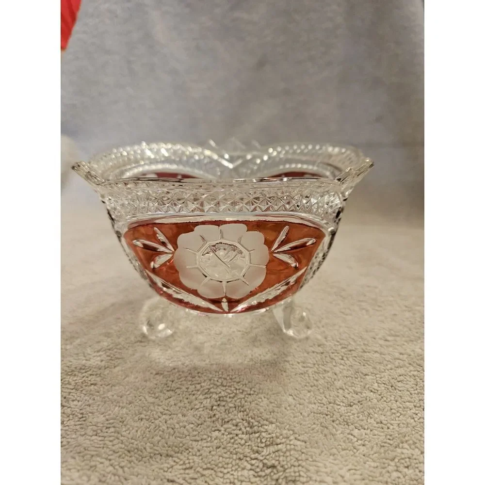 Vintage Anna Hutte Bleikristal Lead Crystal Footed Candy Trinket Dish Ruby Flash